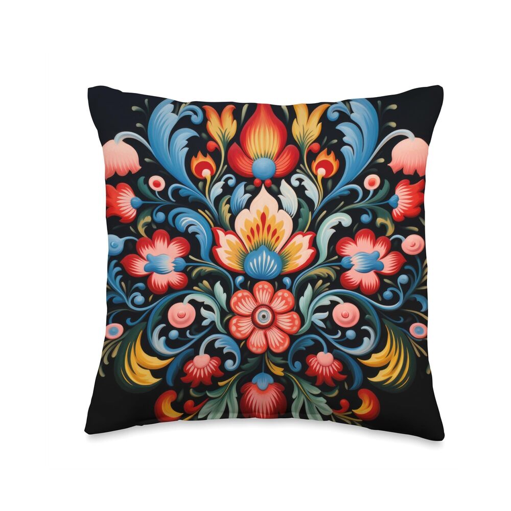 3106 Traditional Norwegian Rosemaling Folk Art Throw Pillow